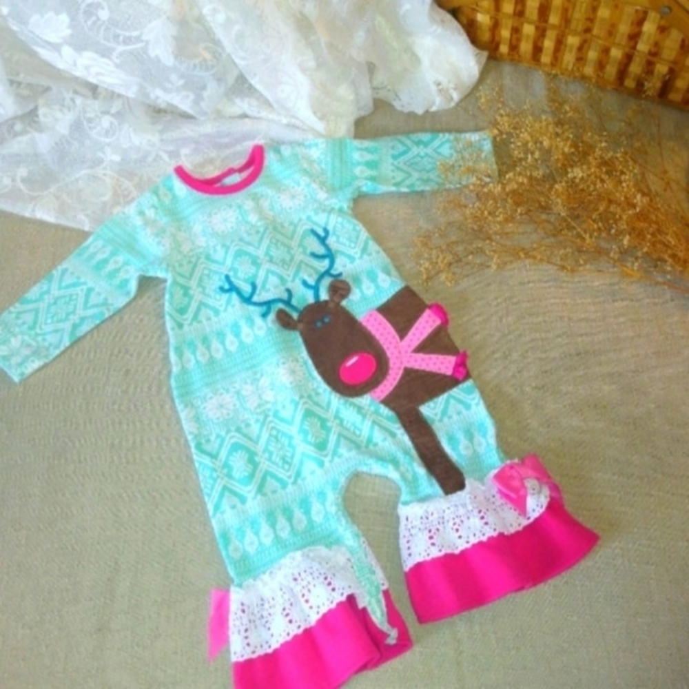 Festive Reindeer Kids Romper - Teal and Pink